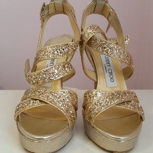 Jimmy Choo Vamp Champagne/Gold Glitter Strappy Heels 36